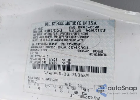 2003 Ford Mustang from USA, damaged, VIN 1FAFP40413F363589